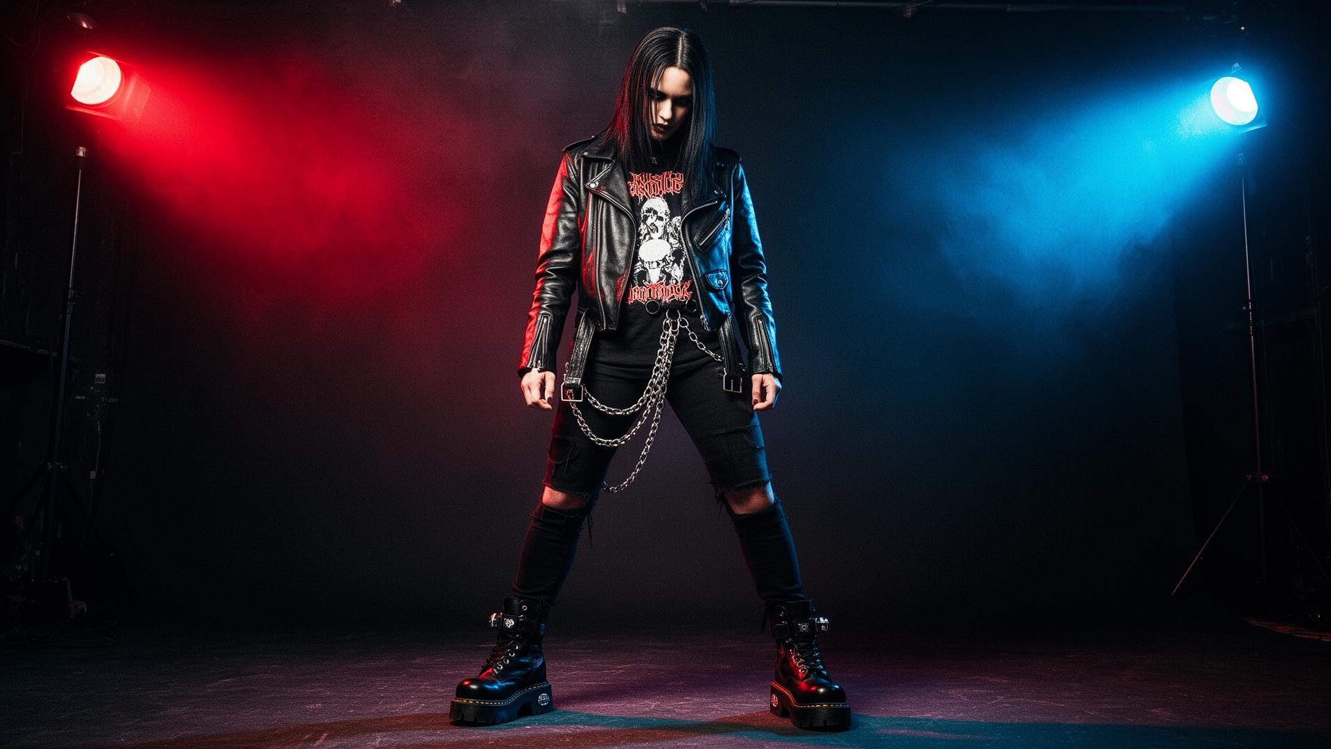 Alternative fashion model in leather jacket and band shirt under stage lighting